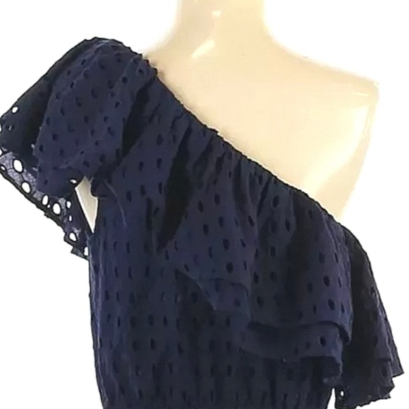 Chelsea & Theodore Navy One Shoulder Eyelet Dress Size L - Picture 2 of 9